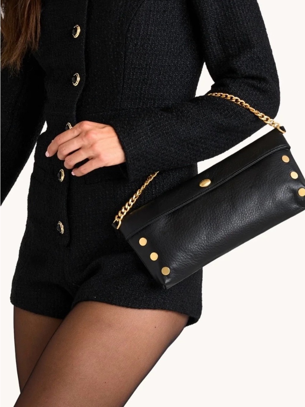 Hammitt Black Leather Foldover Clutch with Gold Chain
